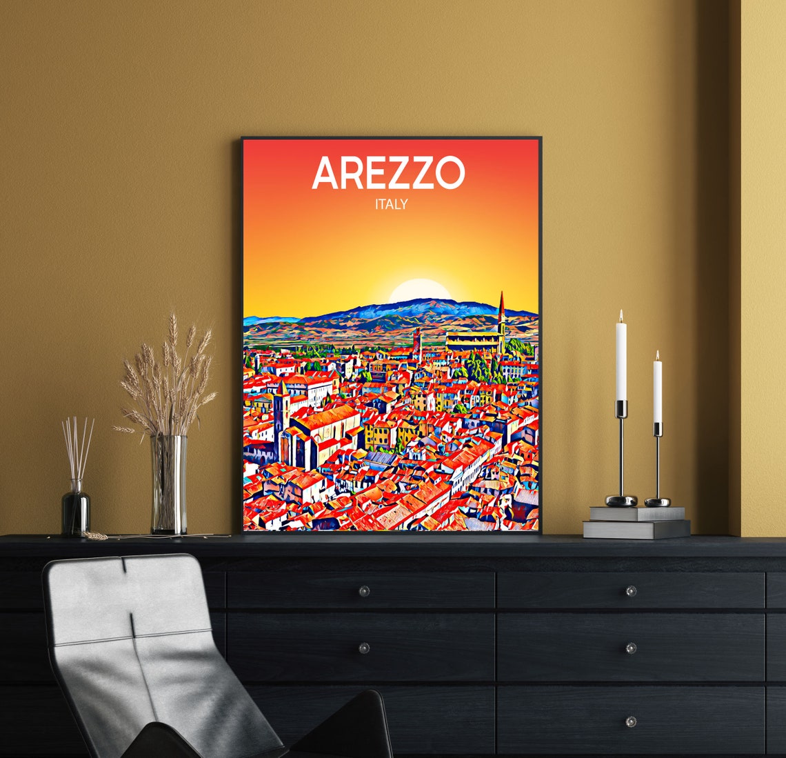 Arezzo Italy Sunset Rooftop Panorama Colorful Skyline Art Poster - Image 2
