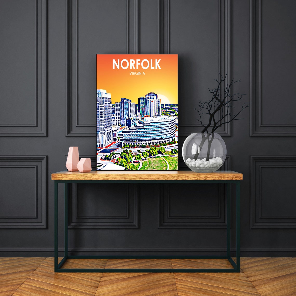 Norfolk Virginia Downtown Sunset Vibrant Skyline Sketch Poster - Image 3