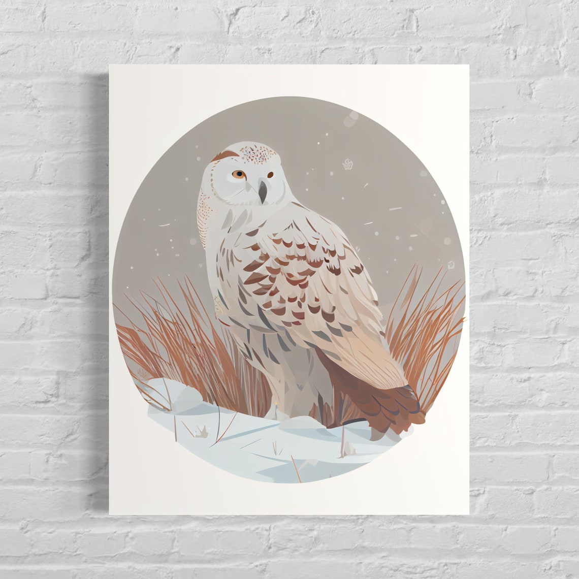 Snowy Owl in Falling Snow Winter Wildlife Circular Art Poster
