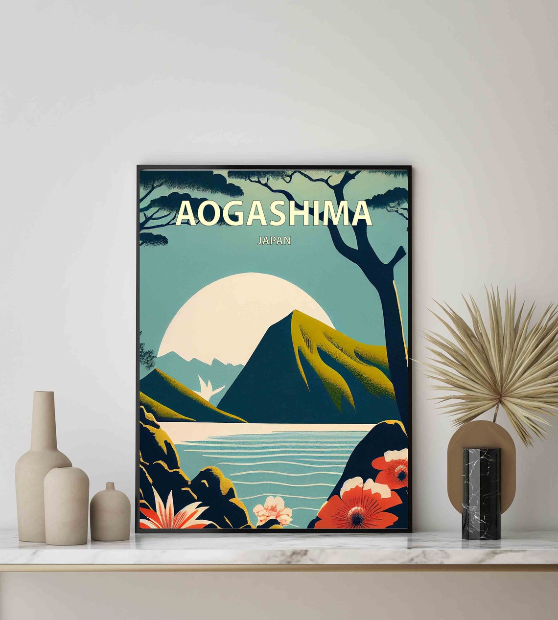 Aogashima Japan Volcanic Island Moonlit Sunset Retro Travel Poster - Image 2