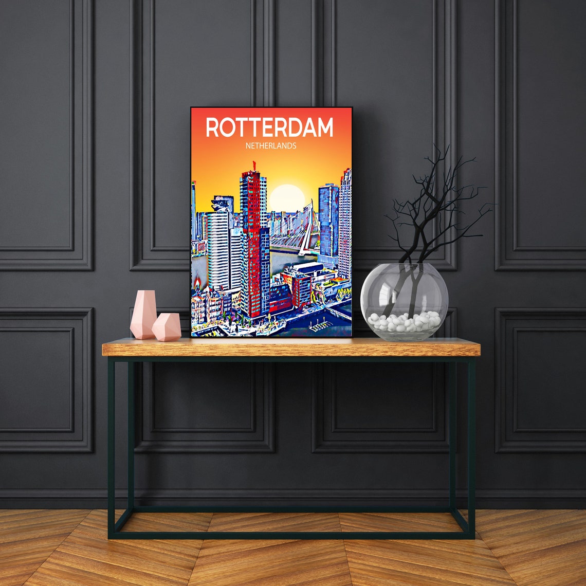 Rotterdam Netherlands Sunset Skyline Bridge Harbor Art Poster - Image 3