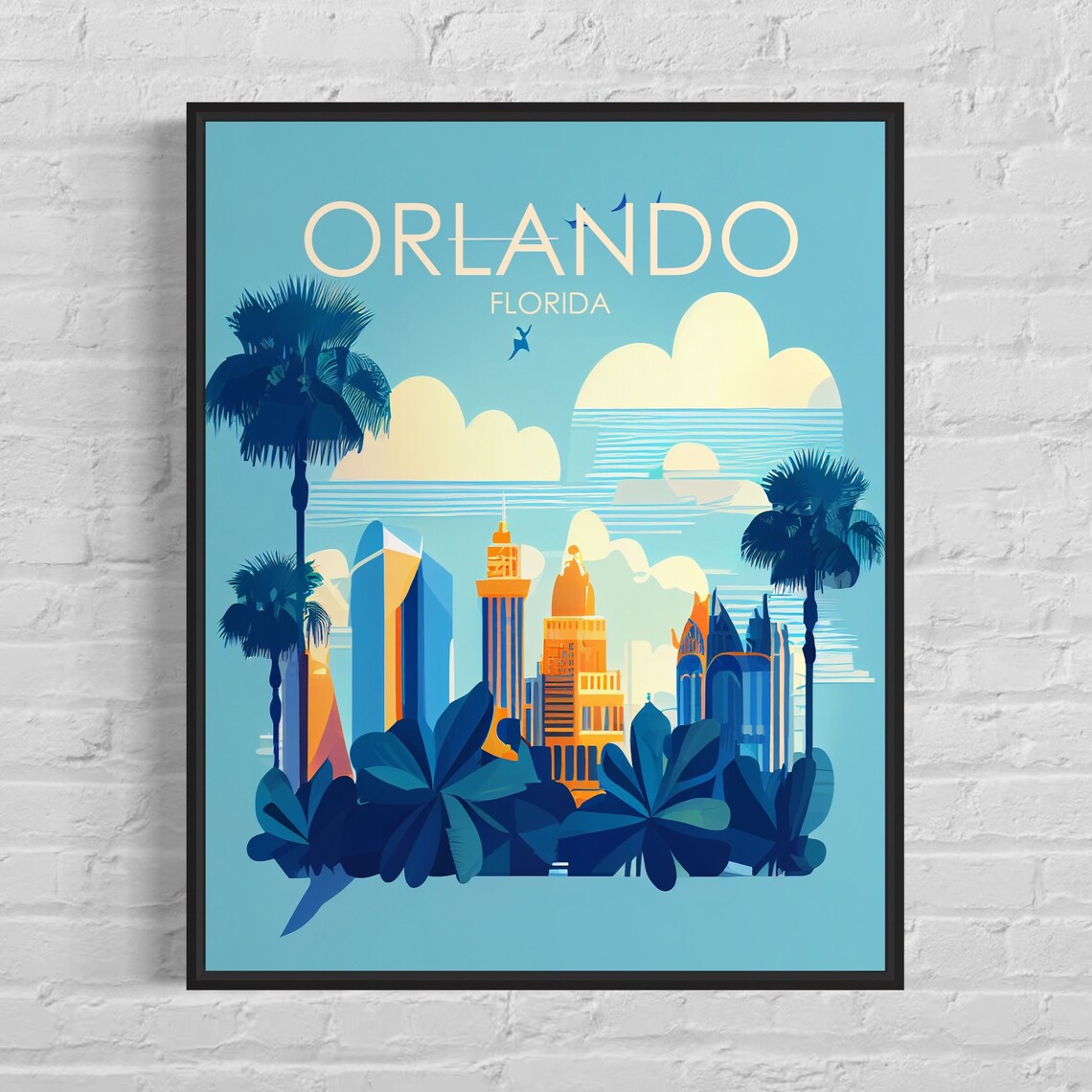 Orlando Florida Skyline Tropical Palms Cityscape Retro Art Poster