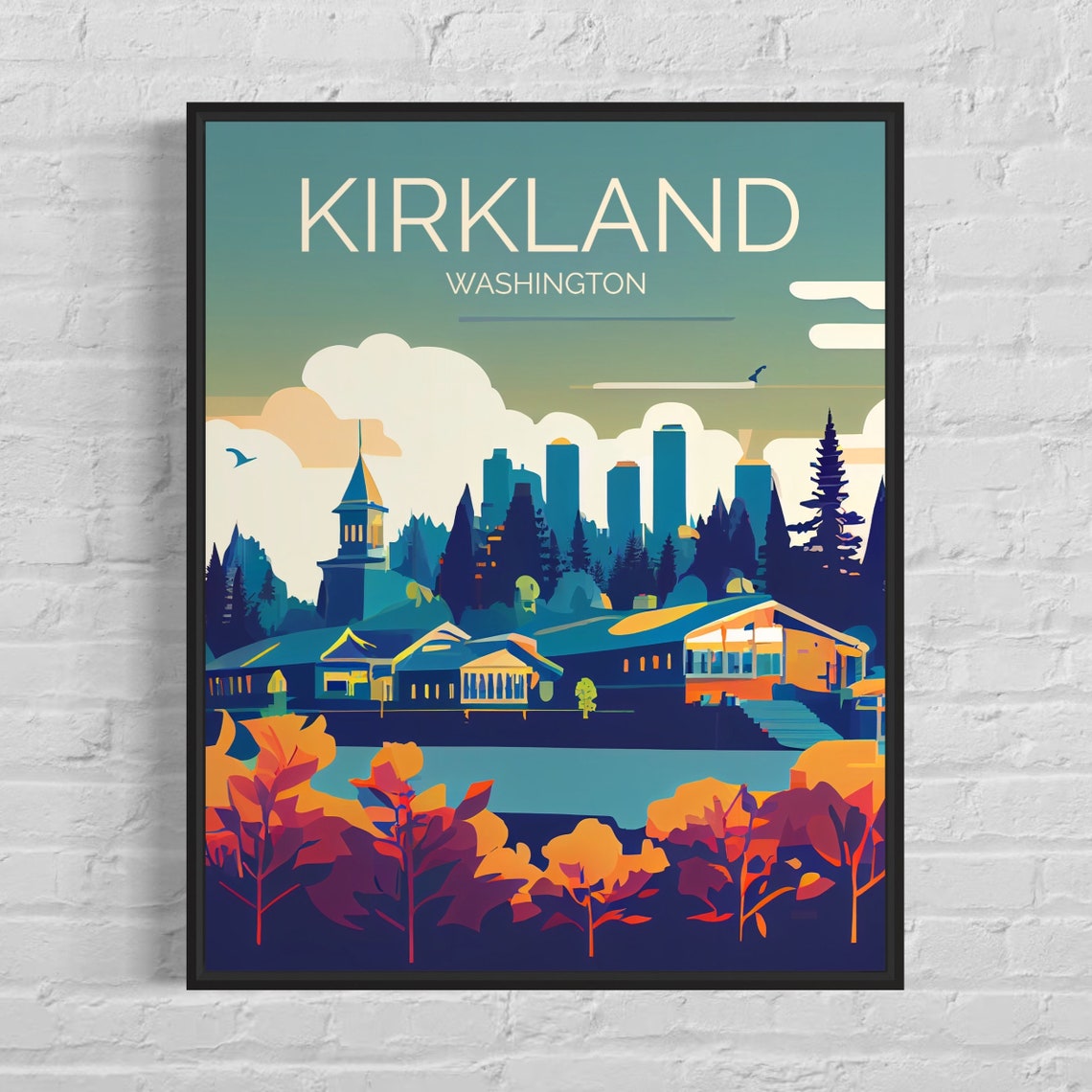 Kirkland Washington Lakefront Skyline With Autumn Foliage Poster