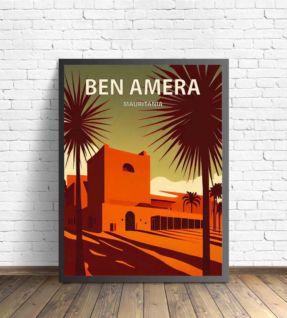Ben Amera Mauritania Retro Desert Adobe Building Palm Travel Poster