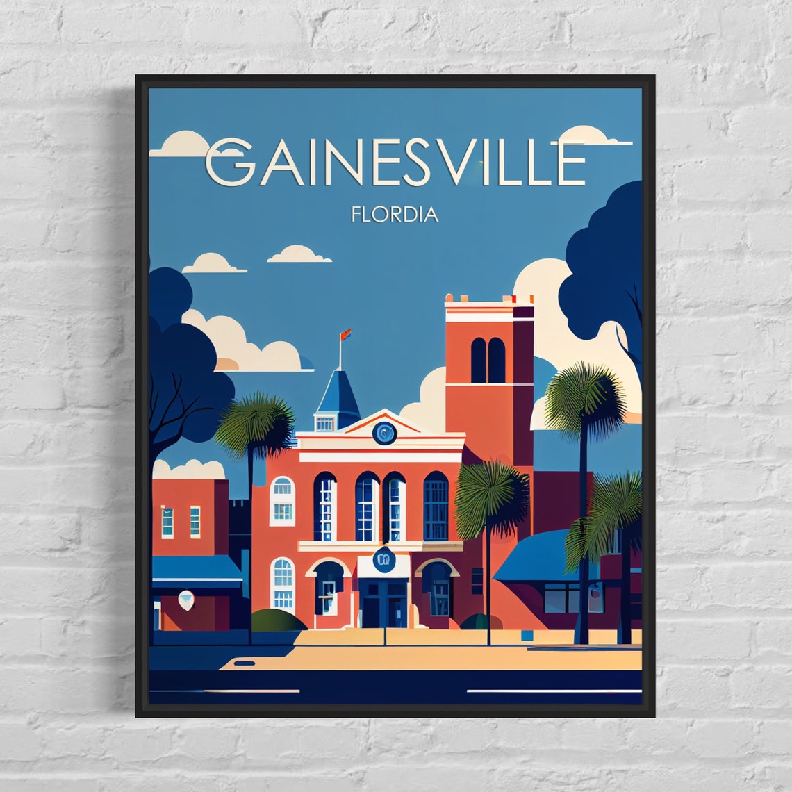 Gainesville Florida Historic Brick Building Palm Trees Travel Poster