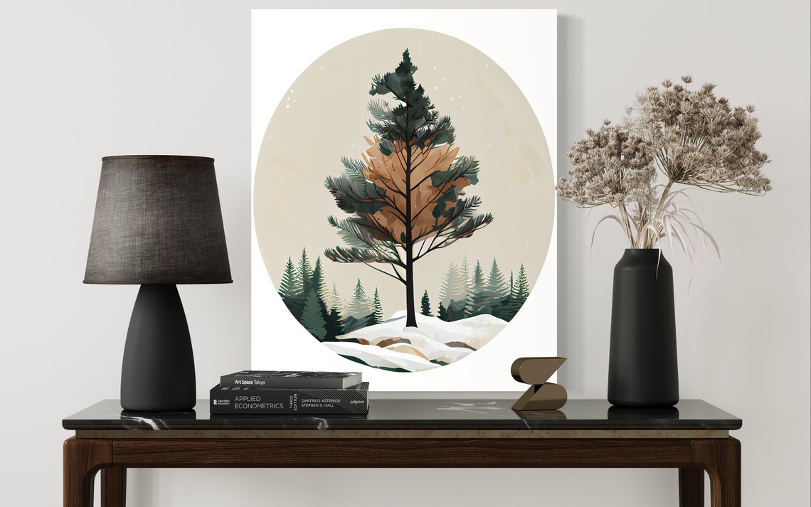 Snowy Pine Tree Winter Forest Circle Vintage Nature Art Print - Image 2