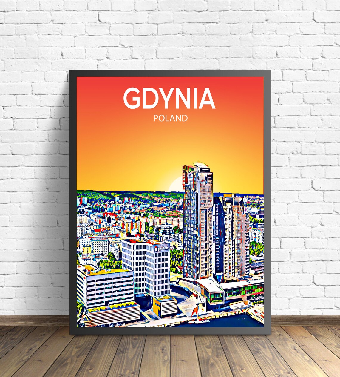 Gdynia Poland Harbor Towers Sunset Colorful Pop Art City Travel Poster