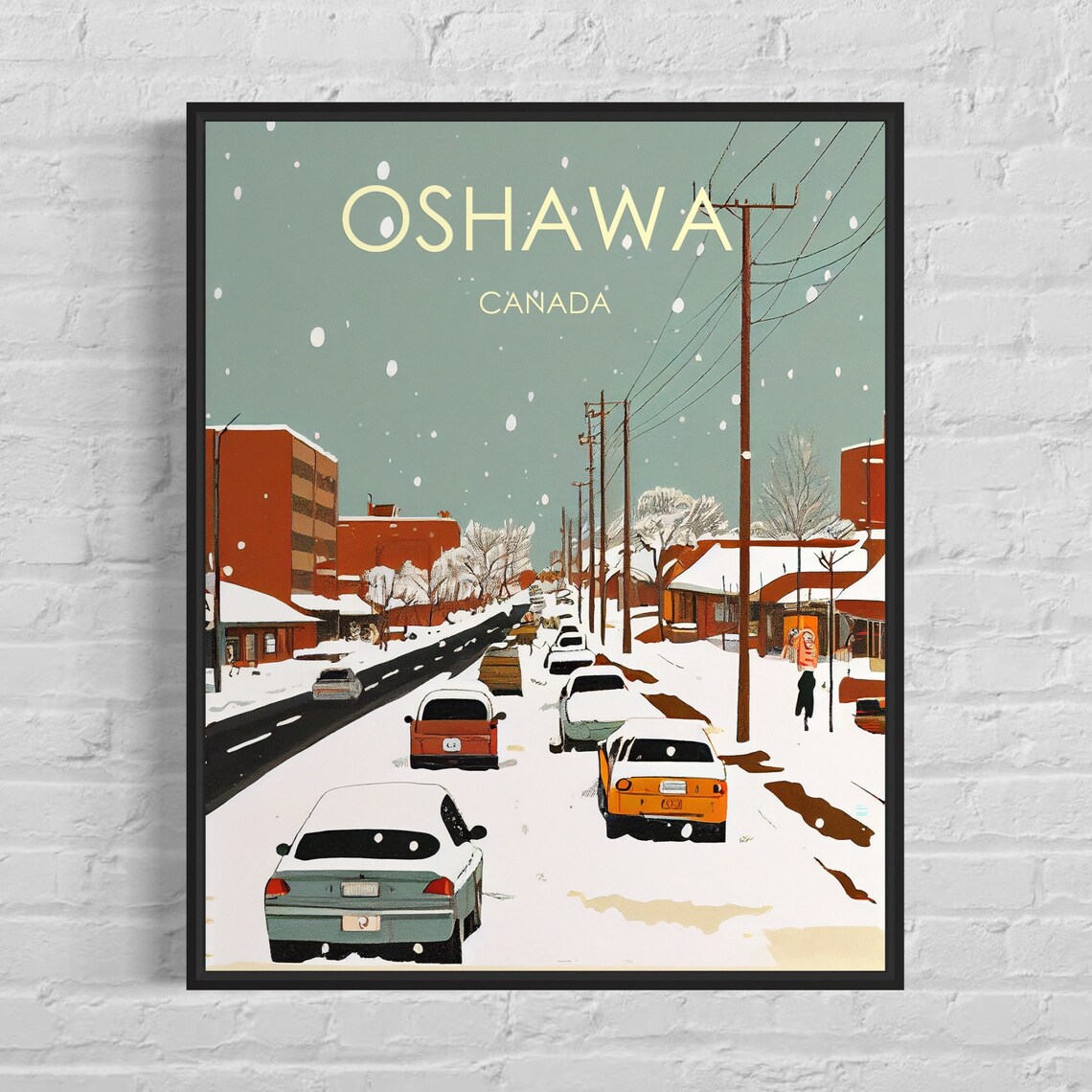 Oshawa Canada Retro Snowy Winter Street Vintage Cars Scene Poster