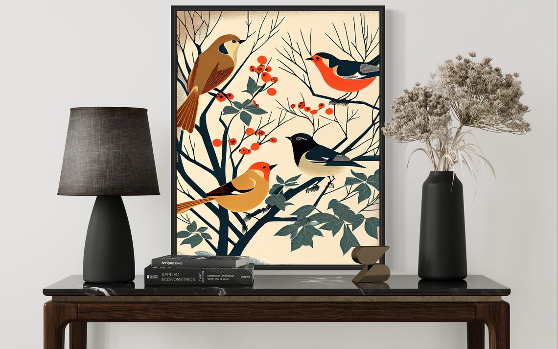 Finches Woodblock Style Four Songbirds Berry Branches Art Poster - Image 2