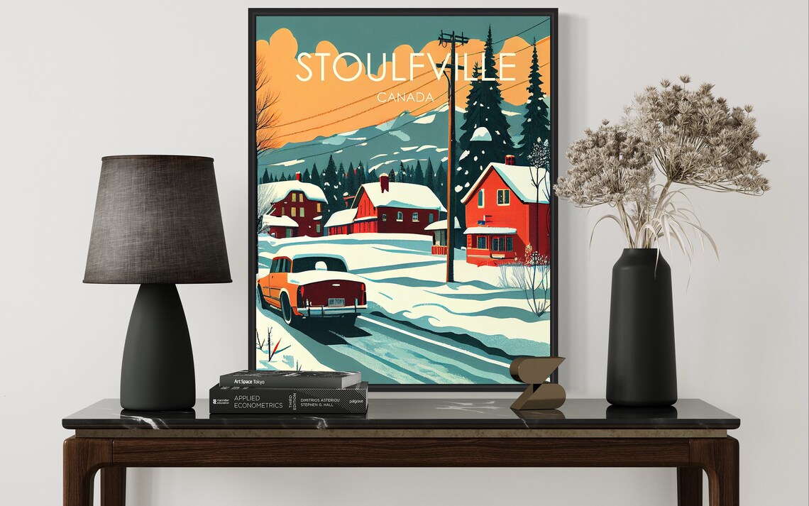 Stoulfville Canada Snowy Cabins Classic Car Winter Scene Poster - Image 2