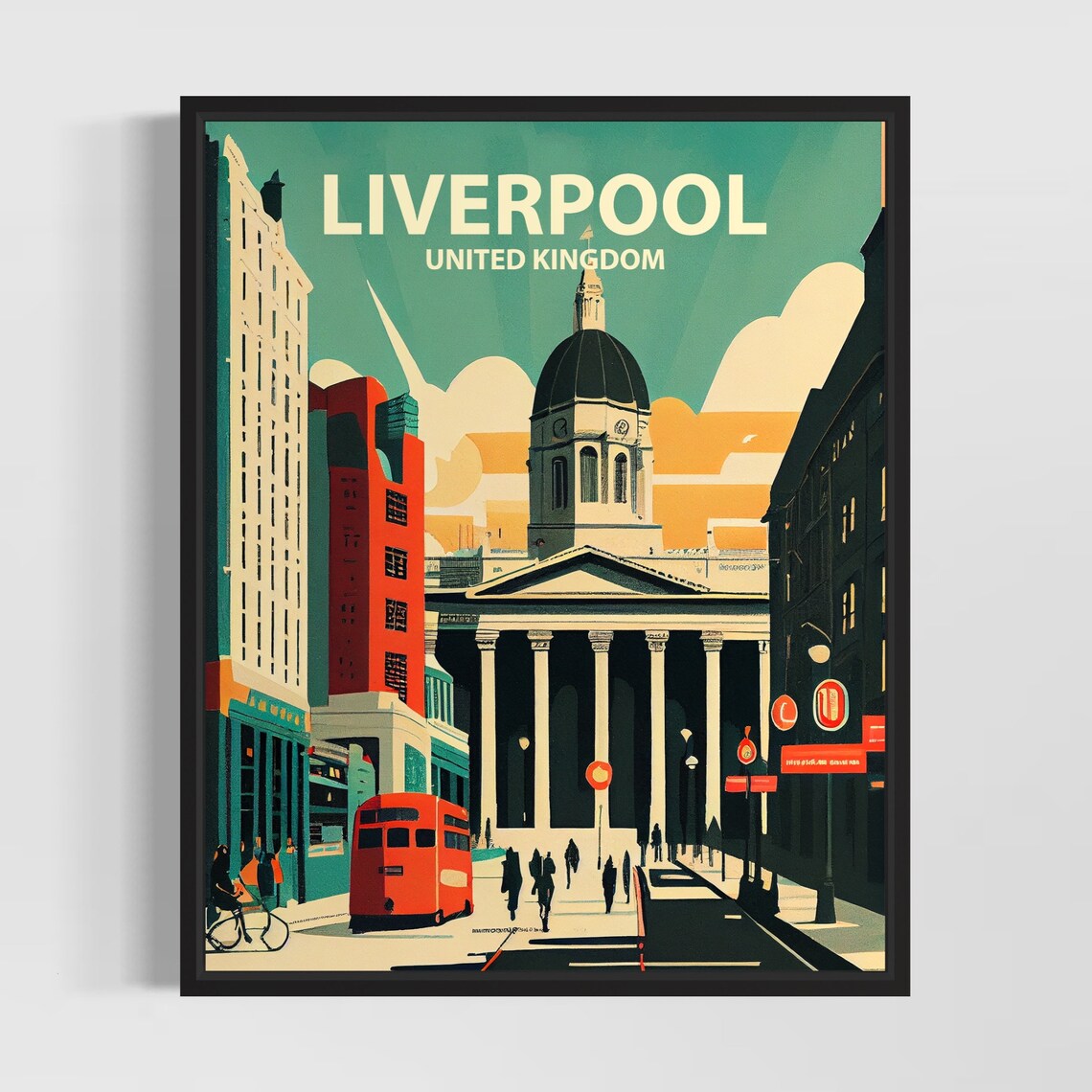 Liverpool United Kingdom Town Hall Red Bus Vintage Travel Poster