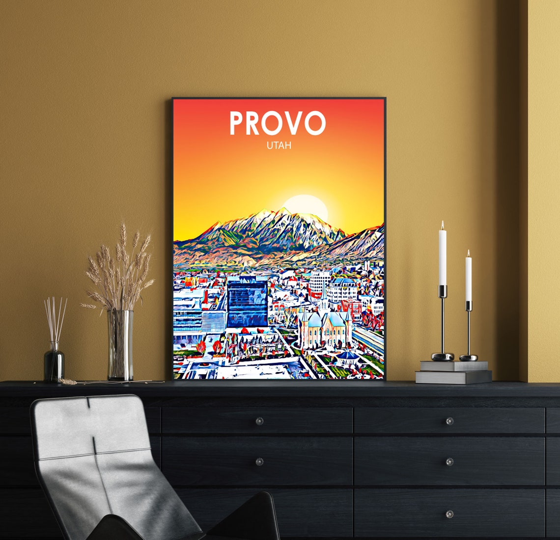 Framed Provo Utah Colorful Sunset Skyline City Travel Poster - Image 2
