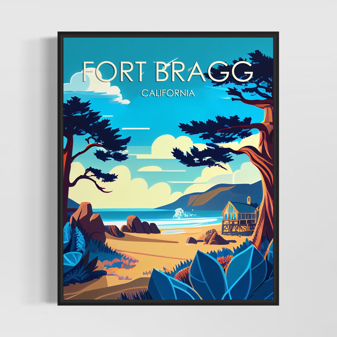 Fort Bragg California Coastal Beach Cypress Cliffs Vintage Poster
