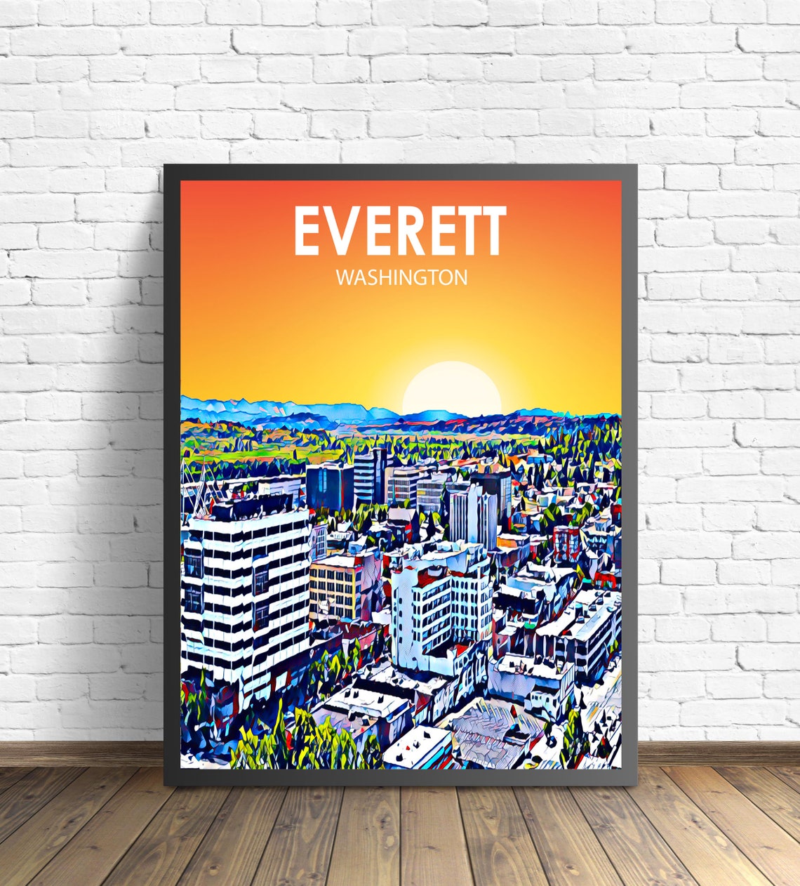 Everett Washington Sunset Skyline Mountain Foothills Sketch Poster
