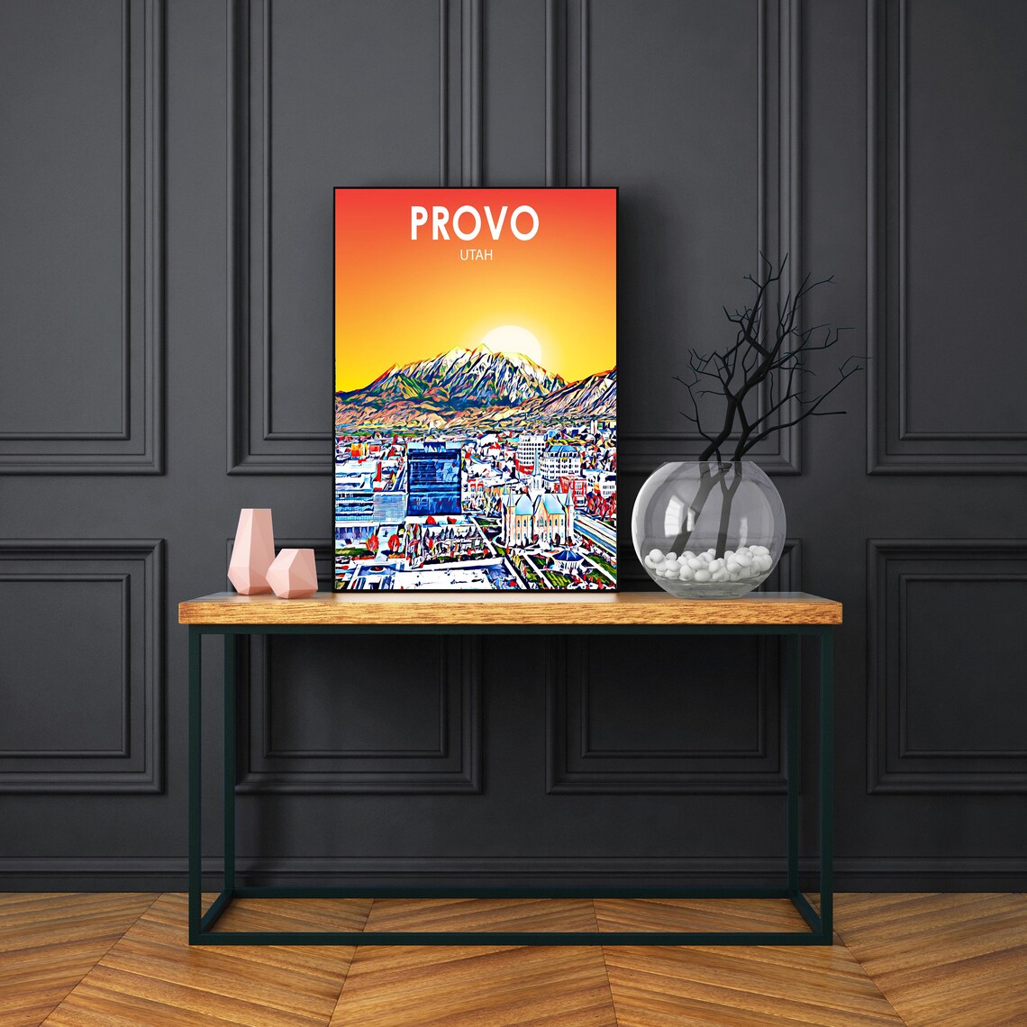 Framed Provo Utah Colorful Sunset Skyline City Travel Poster - Image 3