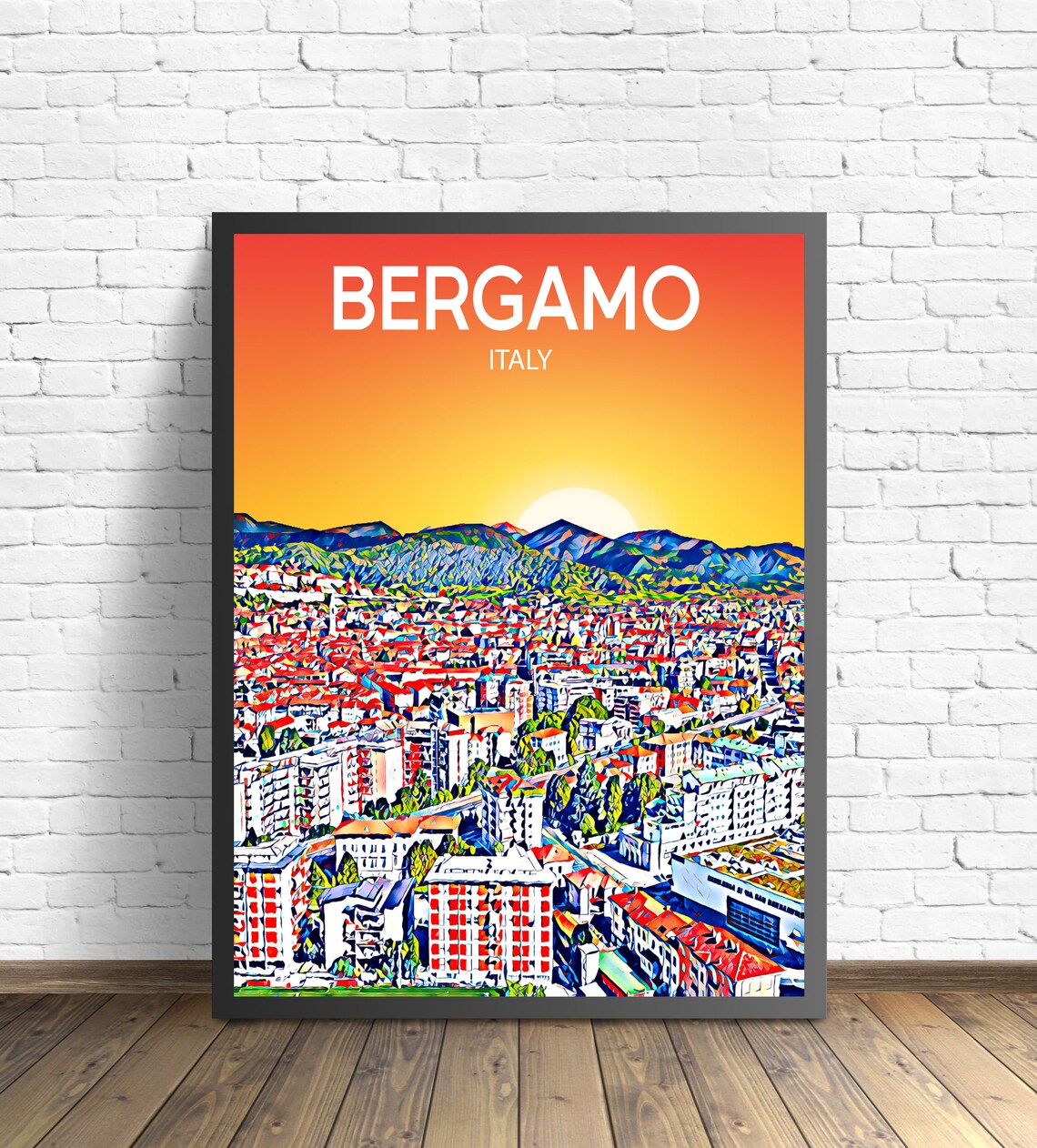 Bergamo Italy Sunset Skyline Mountain View Travel Poster Art