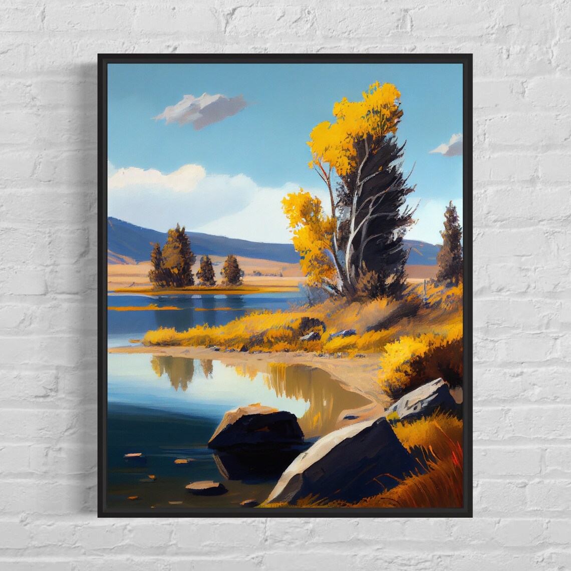 Falcon Lake Wyoming Golden Autumn Lakeshore Retro Scene Poster