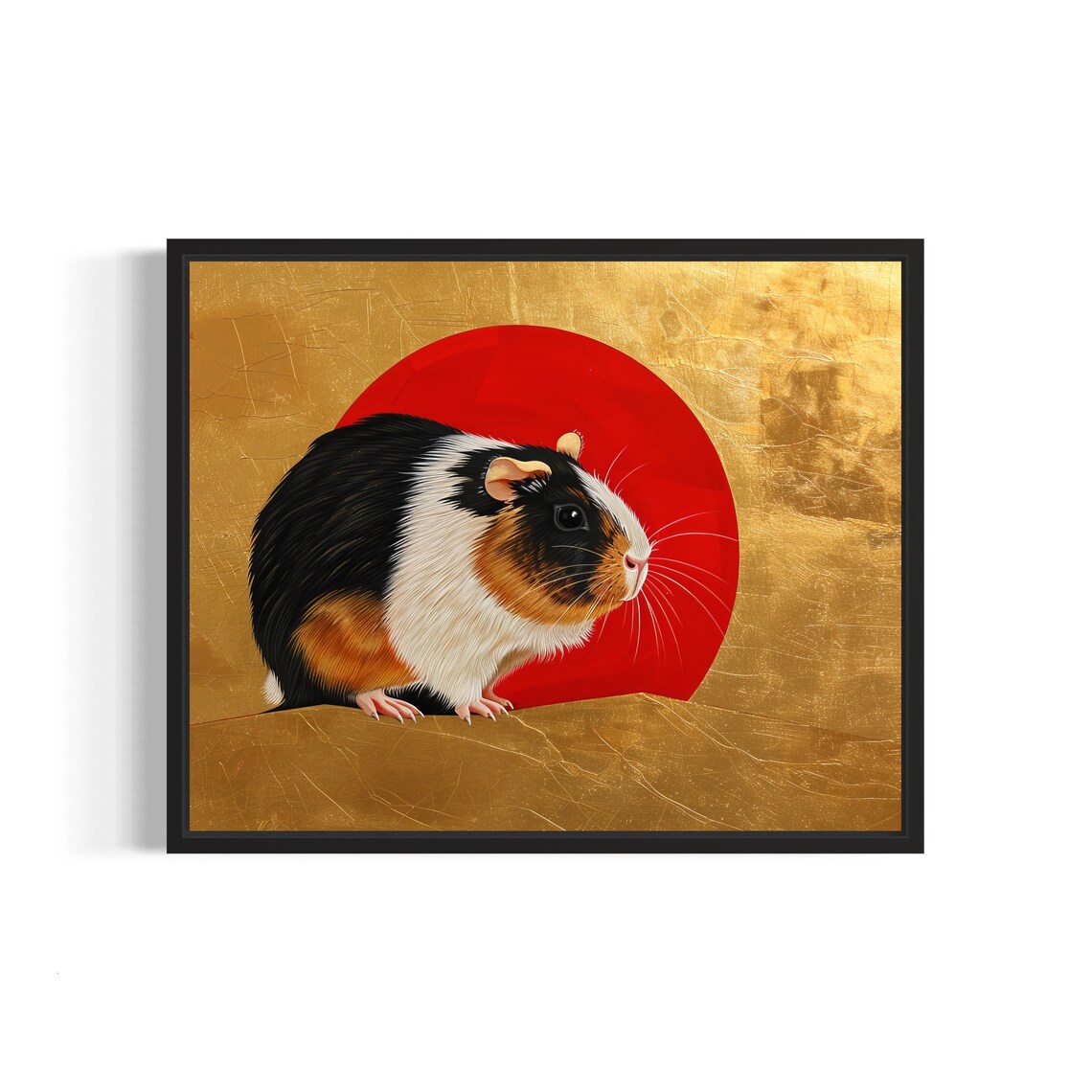 Tricolor Guinea Pig Portrait Against Red Sun Asian Gold Poster