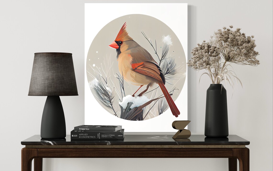 Female Northern Cardinal on a Snowy Branch Winter Bird Art Poster - Image 2