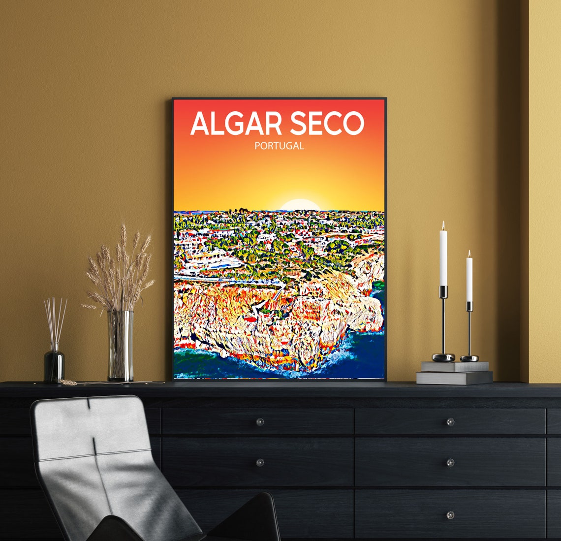 Algar Seco Portugal Sunset Cliffs Coastal Sketch Poster Art Gift - Image 2