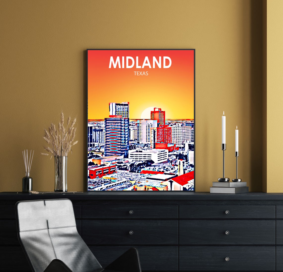 Midland Texas Sunset Downtown Skyline Colorful Sketch Poster - Image 2