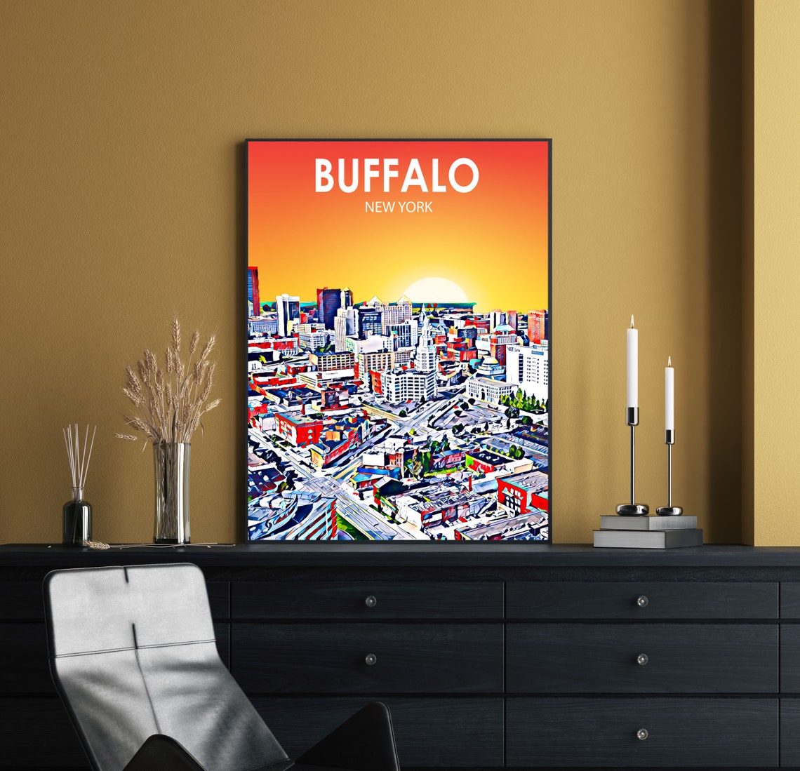 Buffalo New York Sunset City Skyline Vibrant Downtown Sketch Poster - Image 2