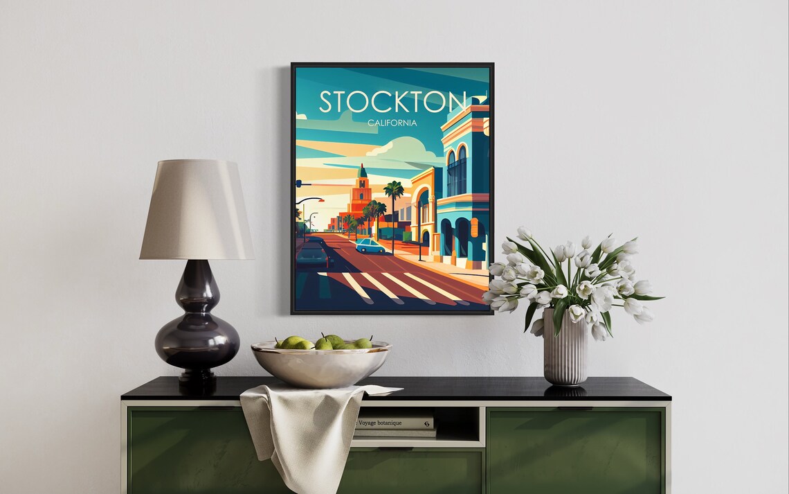 Stockton California Downtown Street Scene Retro Travel Poster - Image 3