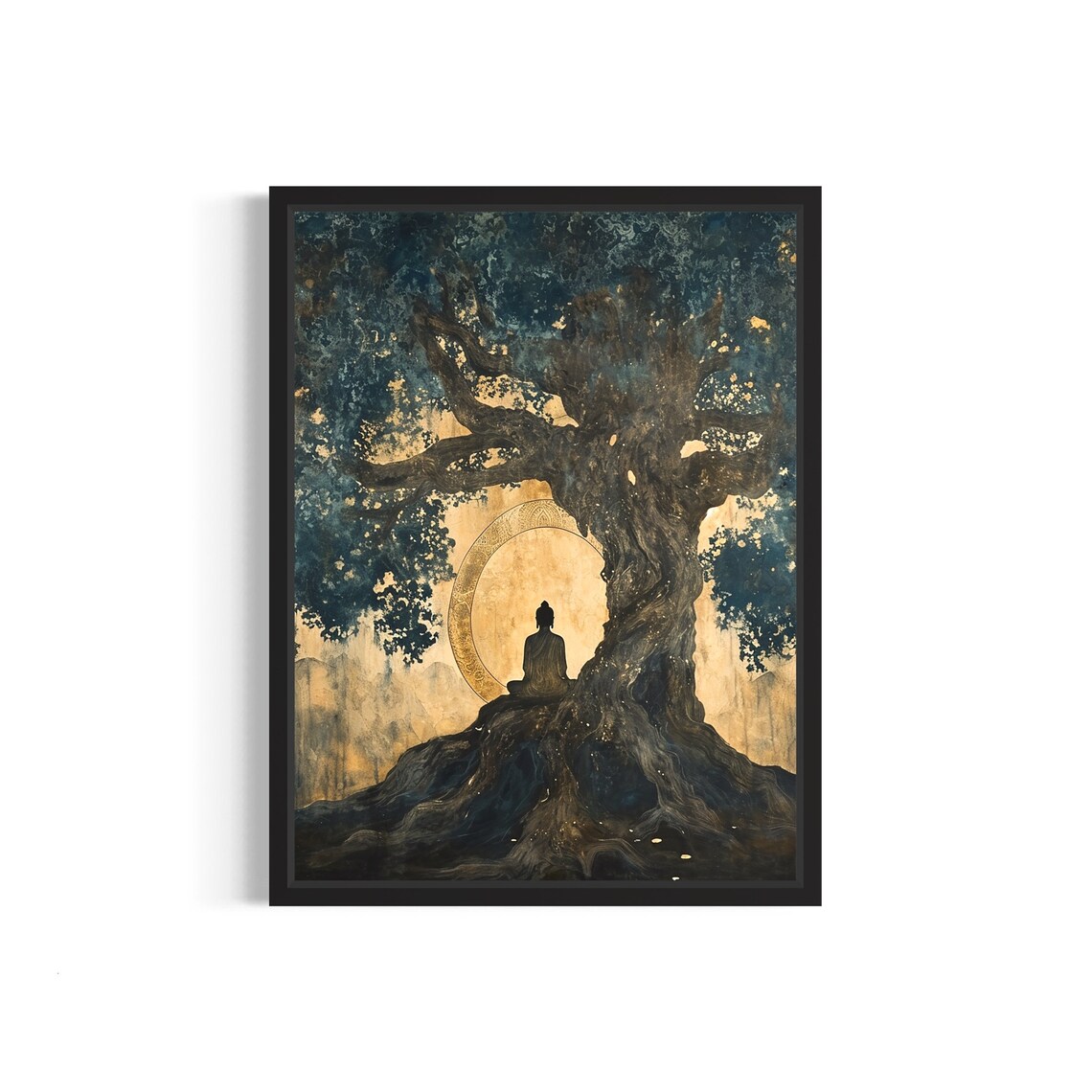 Buddha Meditating Under Ancient Bodhi Tree Gold Leaf Spiritual Art Poster