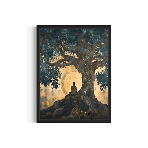 Buddha Meditating Under Ancient Bodhi Tree Gold Leaf Spiritual Art Poster