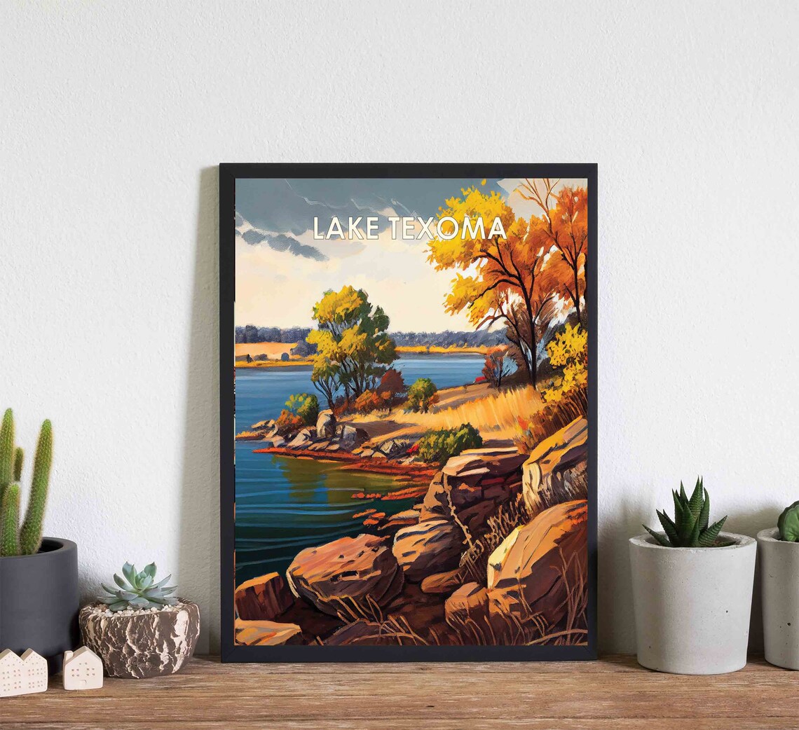 Lake Texoma Autumn Rocky Shoreline Painterly Nature Travel Poster - Image 3