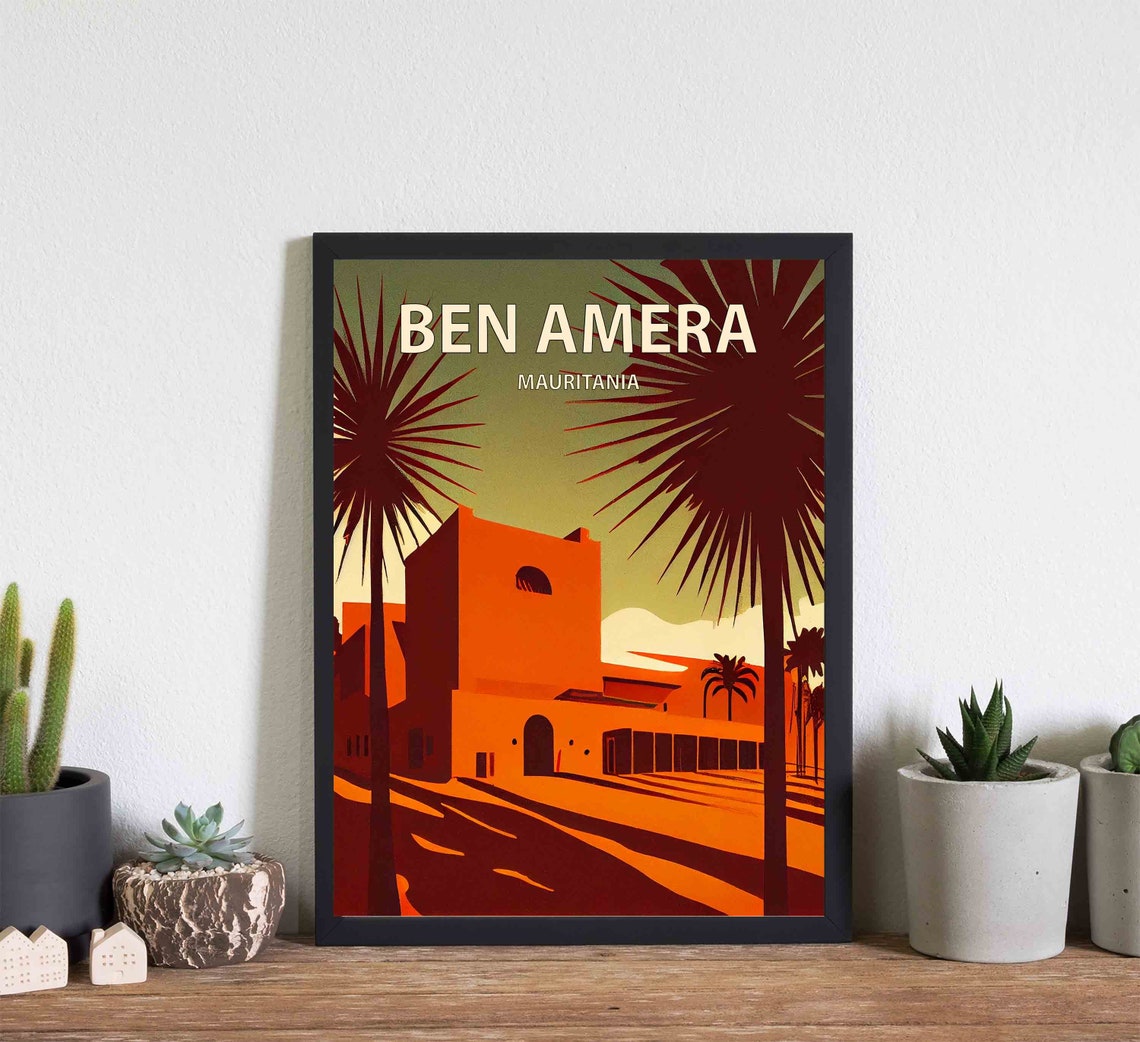 Ben Amera Mauritania Retro Desert Adobe Building Palm Travel Poster - Image 3