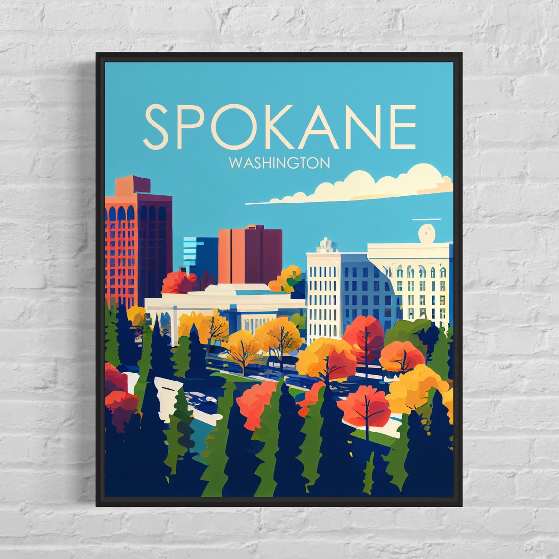 Spokane Washington Autumn Skyline Retro Cityscape Poster Art