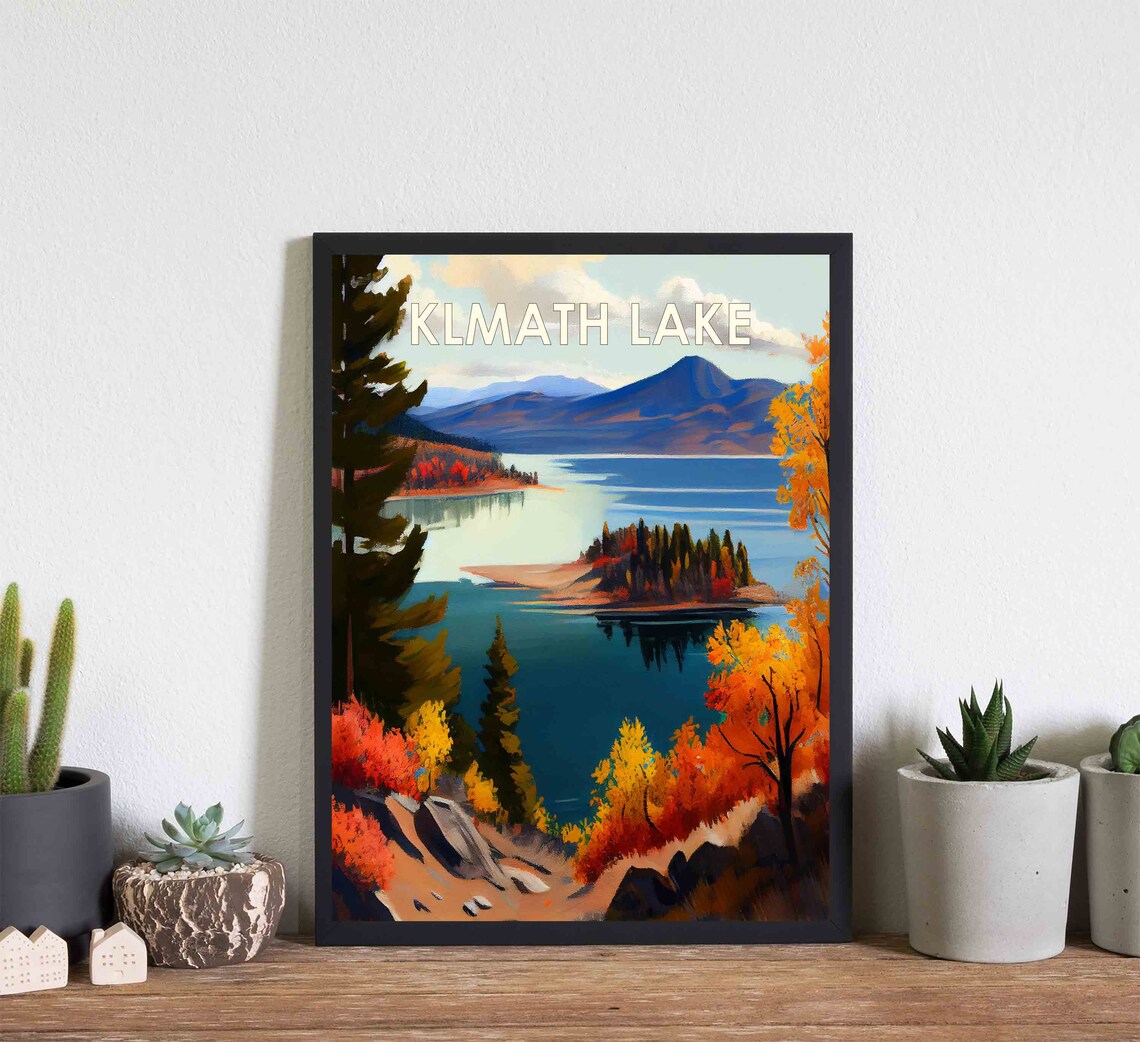 Klamath Lake Oregon Autumn Shoreline Vintage Landscape Painting Poster - Image 3
