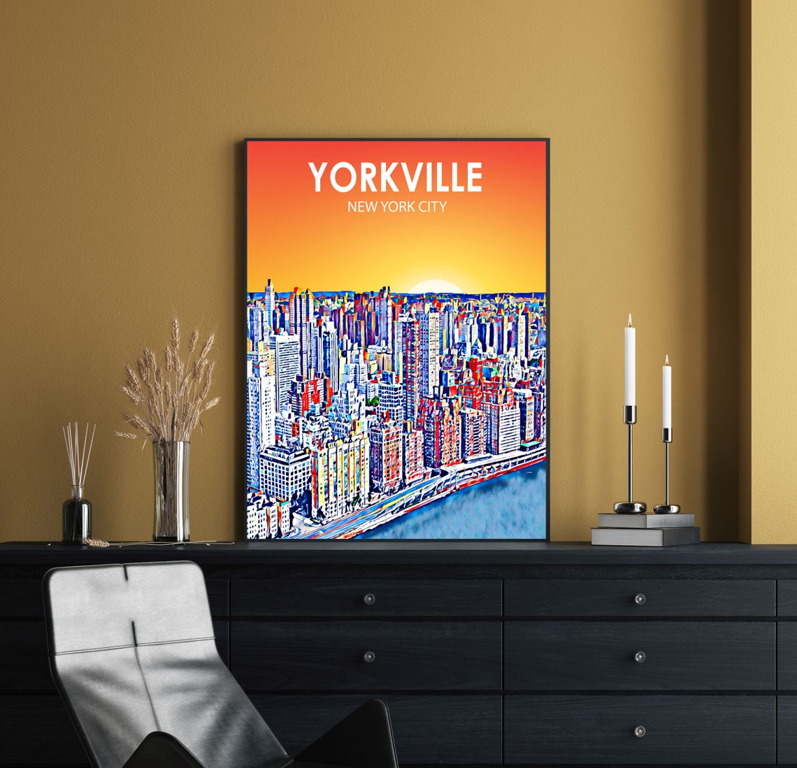 Yorkville New York City Sunset Skyline by the River Painted Poster - Image 2