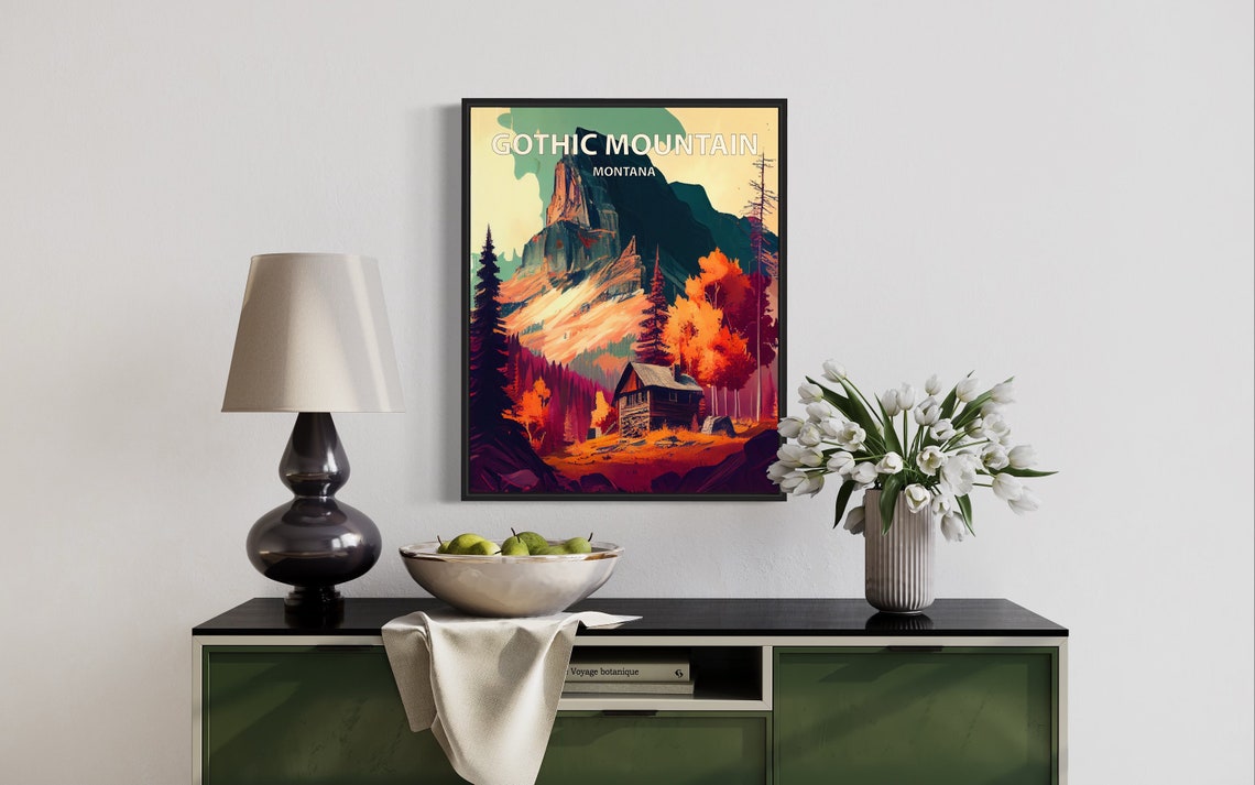 Gothic Mountain Montana Dark Rock Cabin Autumn Forest Poster - Image 3