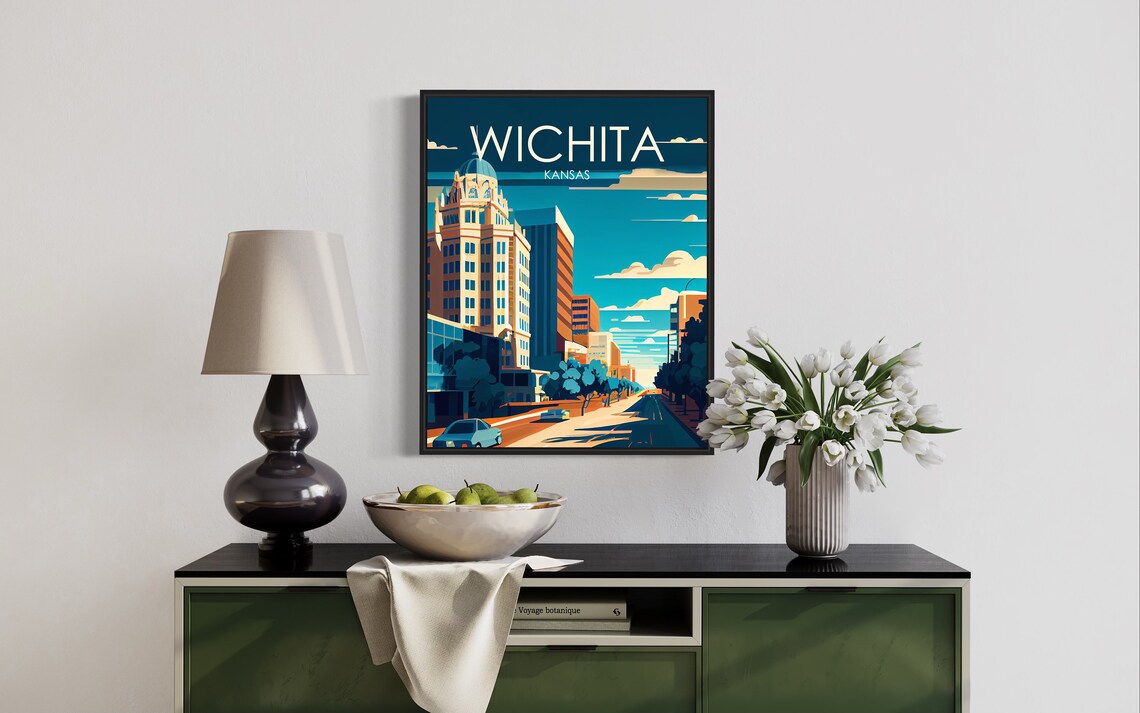 Wichita Kansas Vintage Downtown Skyline Night Retro Travel Poster - Image 2