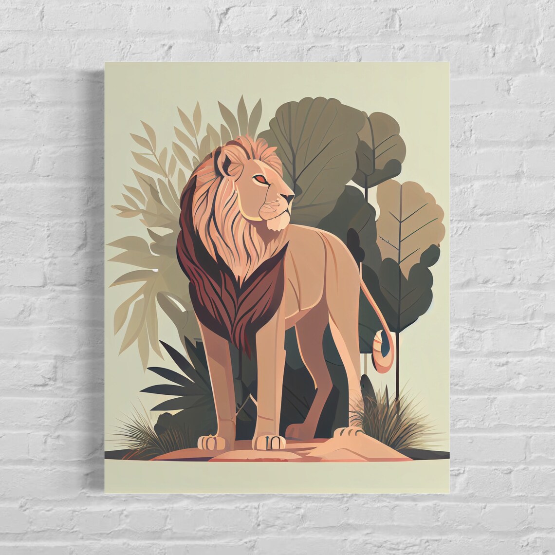 Lion Standing in Tropical Foliage Stylized Wildlife Art Poster