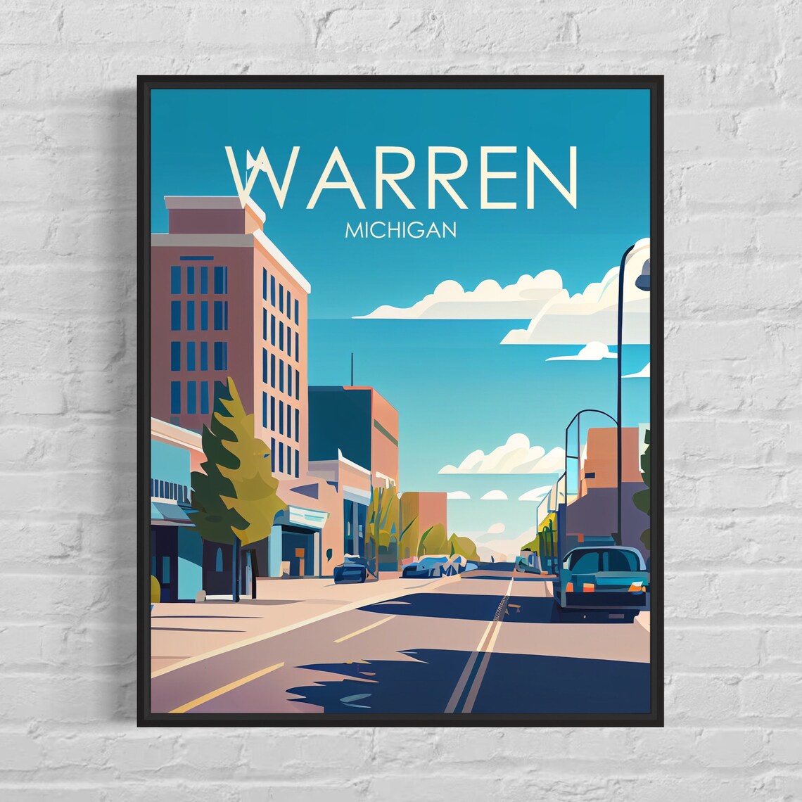 Warren Michigan Downtown Avenue Cityscape Vintage Travel Poster