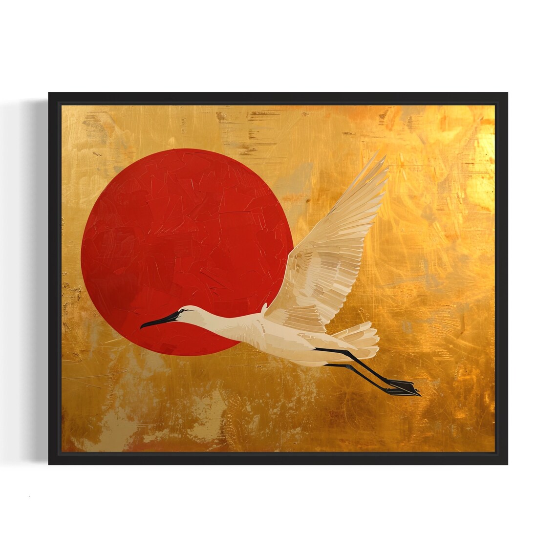 White Egret in Flight Against Red Sun Asian Gold Style Poster