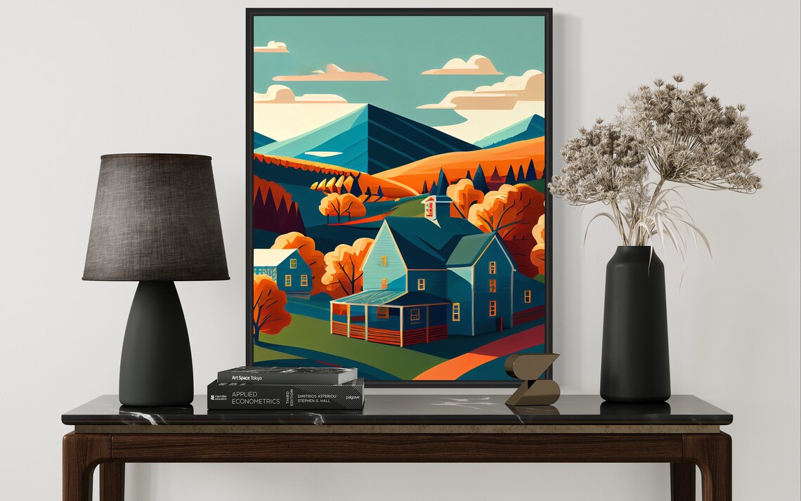 Vermont Autumn Farmhouse with Fall Foliage and Mountains Travel Poster - Image 2