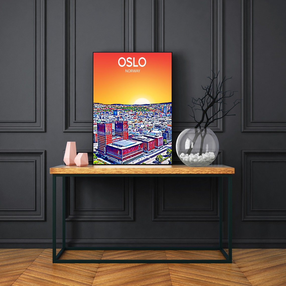 Oslo Norway City Hall and Harbor Golden Sunset Skyline Art Poster - Image 3