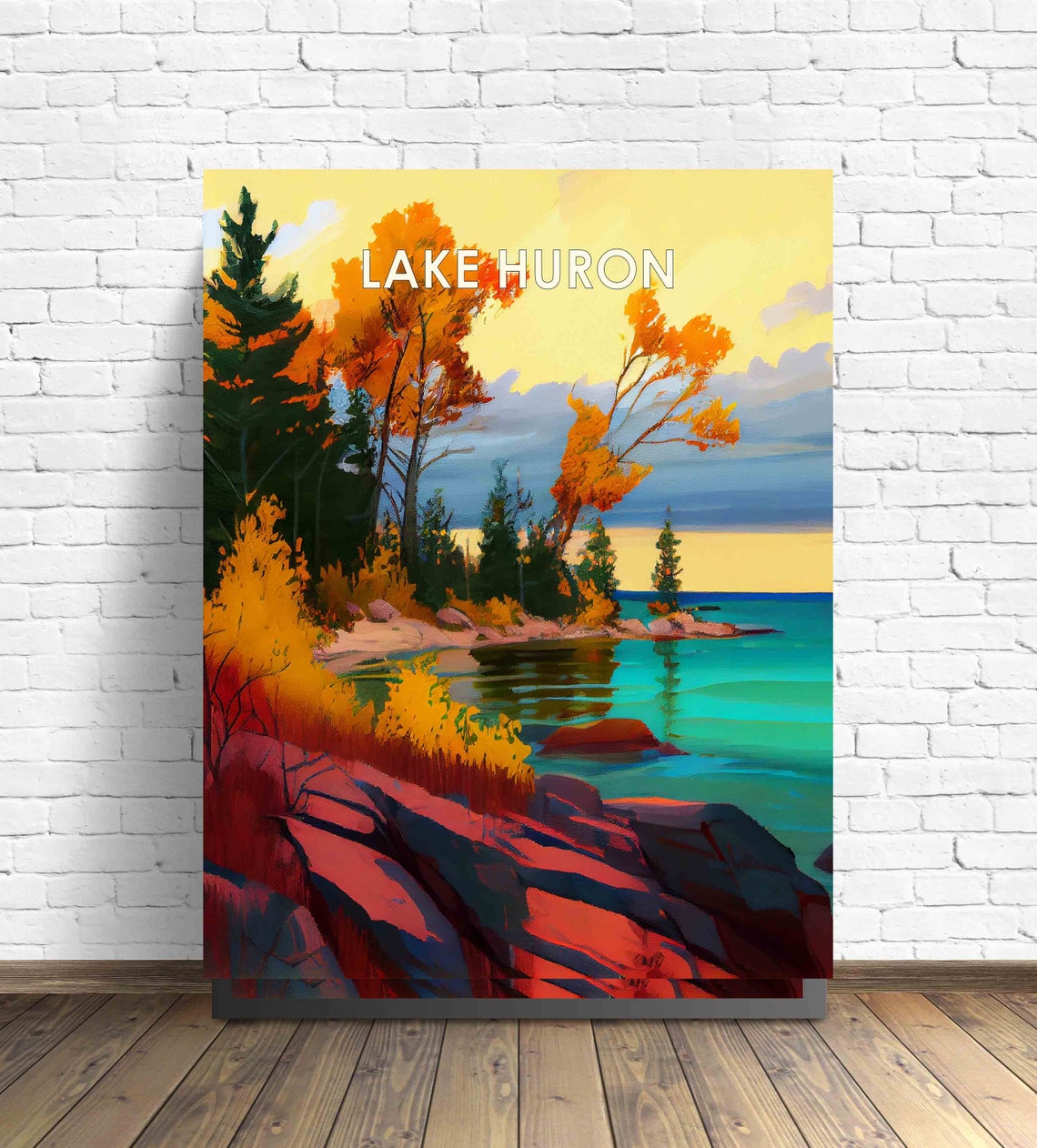 Lake Huron Autumn Shore Rocky Cliffs Golden Trees Vintage Poster