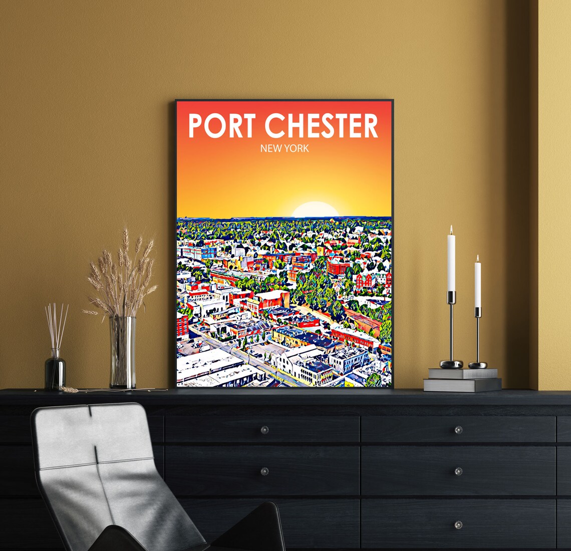 Port Chester New York Colorful Sunset Skyline City Travel Poster - Image 2