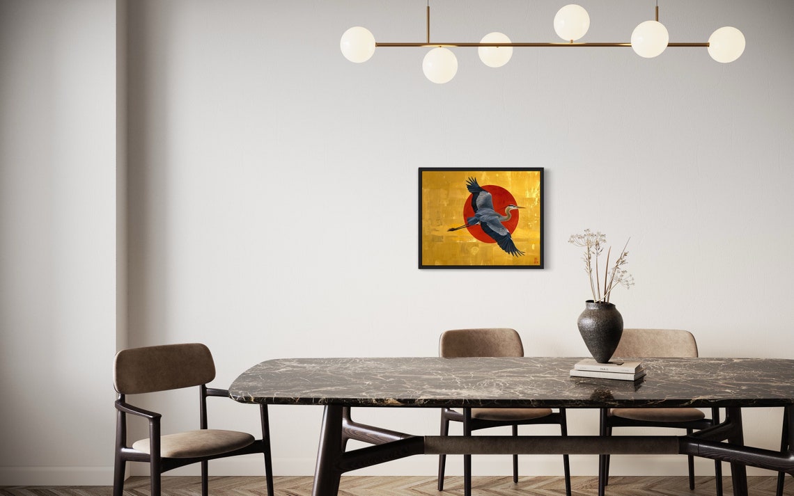 Great Blue Heron Red Sun Gold Leaf Japanese Style Art Poster - Image 2