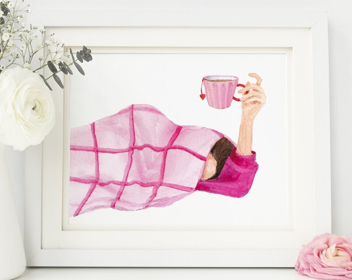 Weekend Morning Cozy Girl under Pink Blanket Holding Coffee Poster