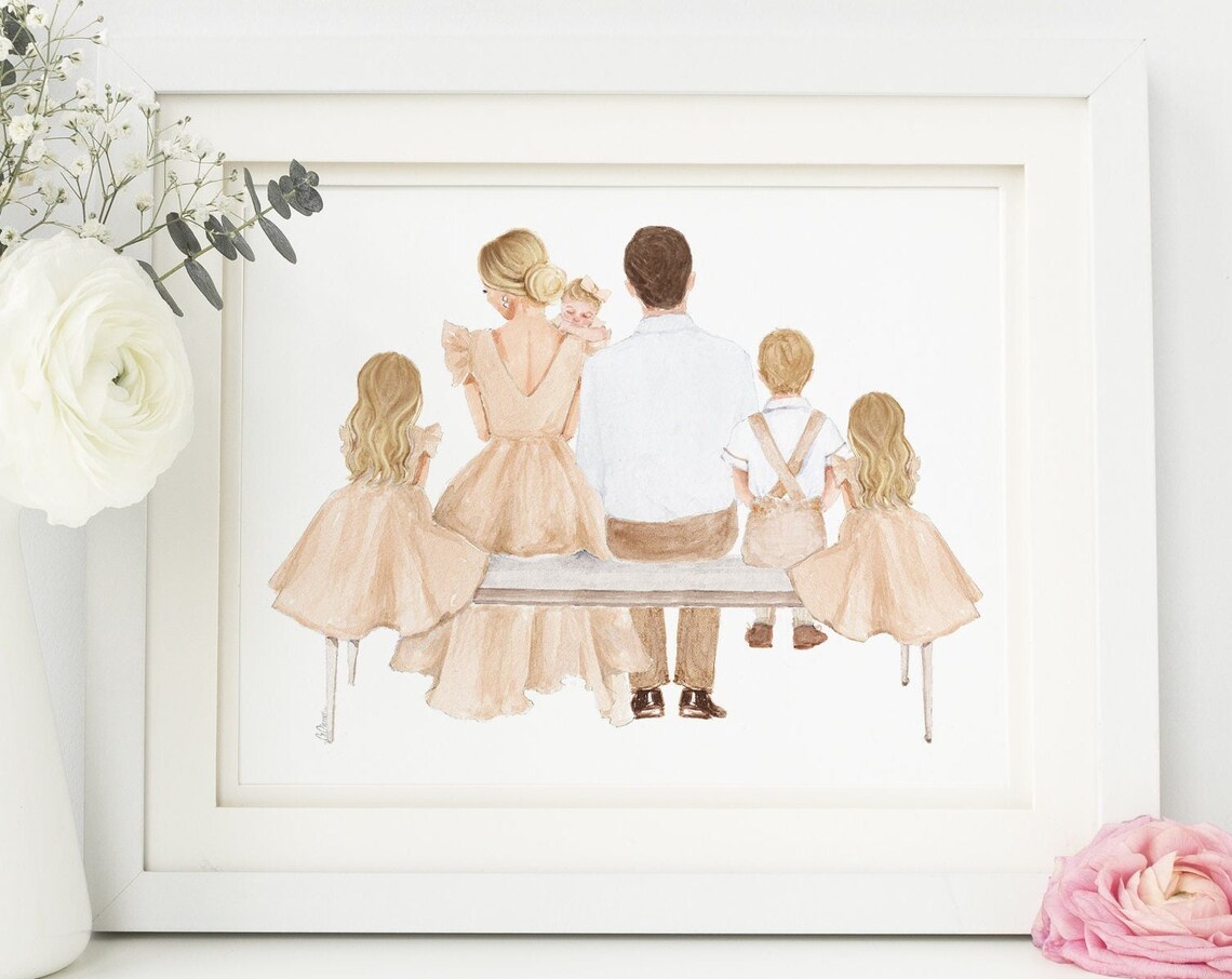 Watercolor Family Portrait Poster Mom Dad and Four Children Bench