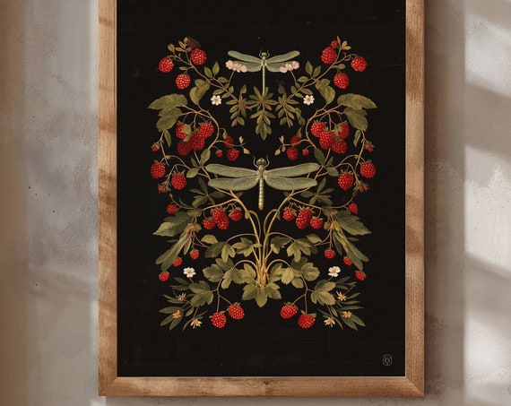 Dark Botanical Floral Art Print Cottagecore Dragonflies Raspberries Gothic Boho Rustic Home Decor