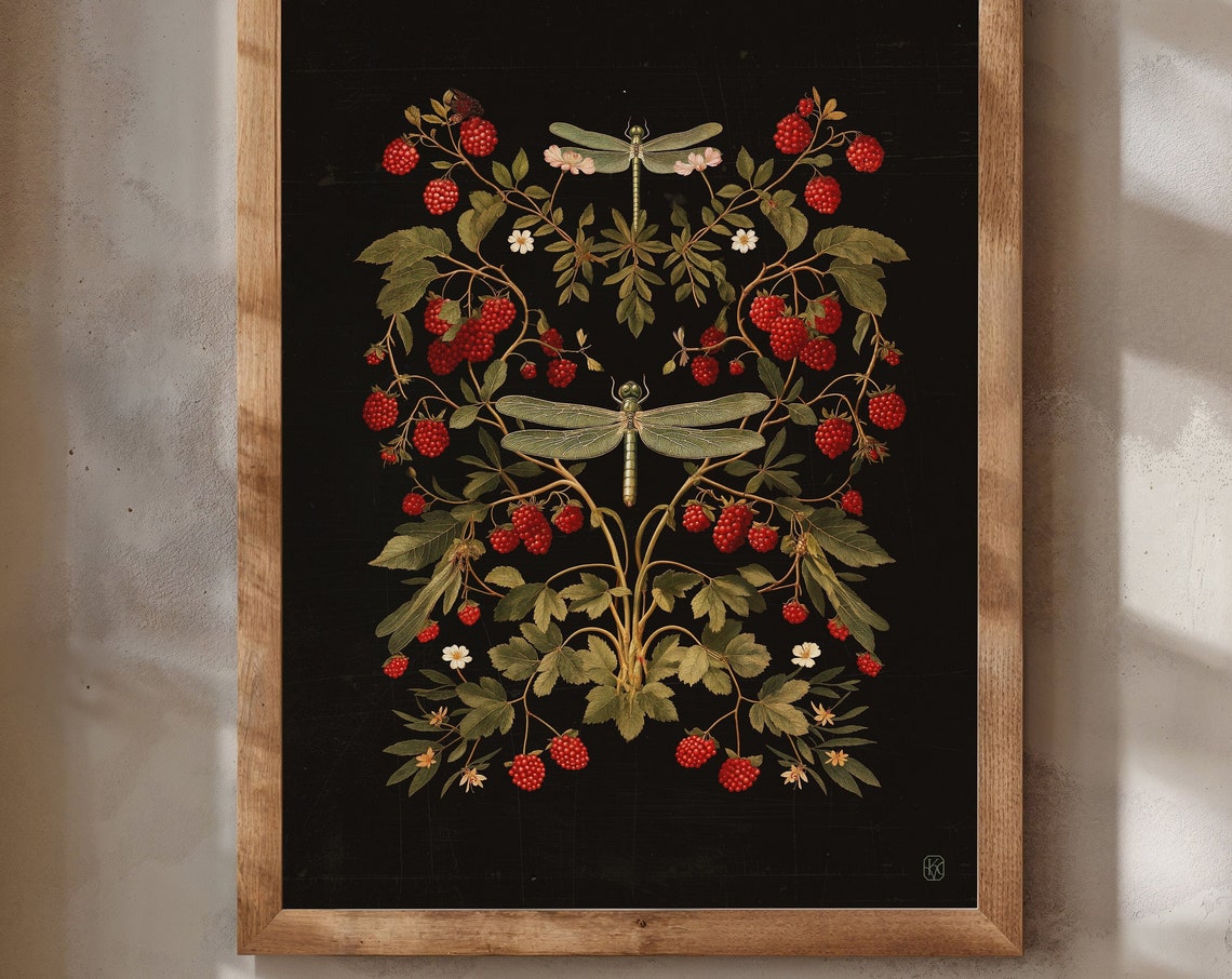 Raspberries And Dragonflies Dark Moody Vintage Botanical Art Poster