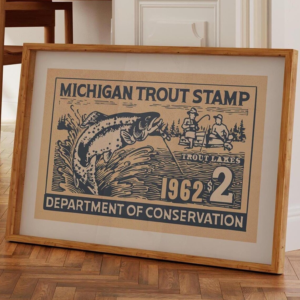 Michigan Trout Fishing Retro Art Print, Fisherman Gift