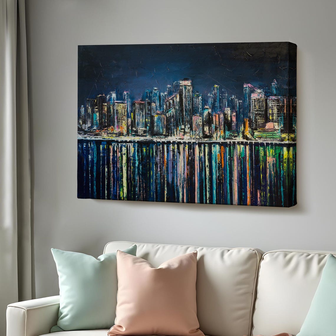 Coastal City Skyline Night Lights Water Reflection Canvas Poster